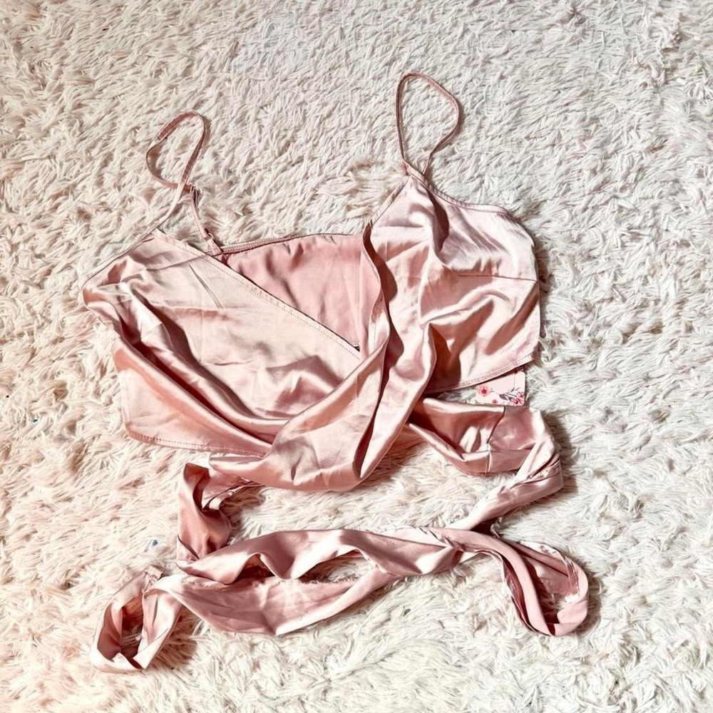 Baby Pink Satin Coquette Twee Lolita Soft Girl Wrap Criss Cross Crop Womens L